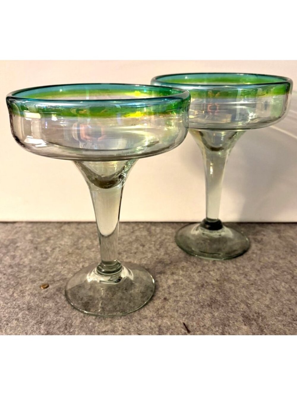 Pier 1 2 Handblown 7.25" Iridescent Margarita Glasses w/ Green Rim  # 3380